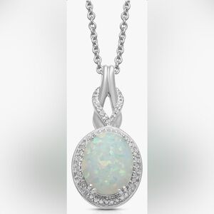 Jewelili Oval Opal Necklace with Diamonds in Sterling Silver 18” Rolo Chain